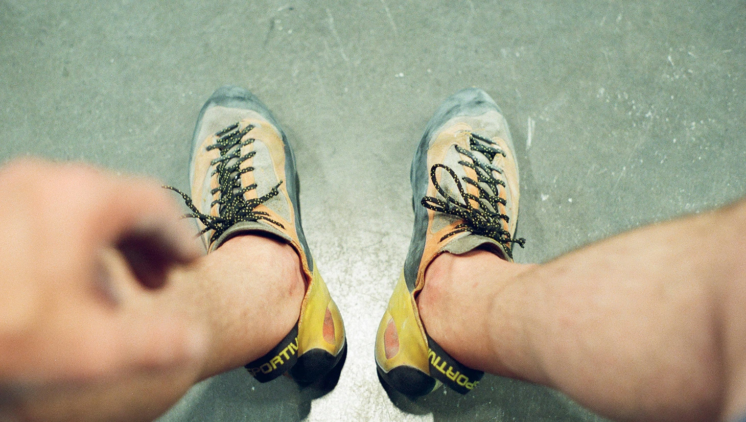 Worn climbing shoe sole showing rubber wear