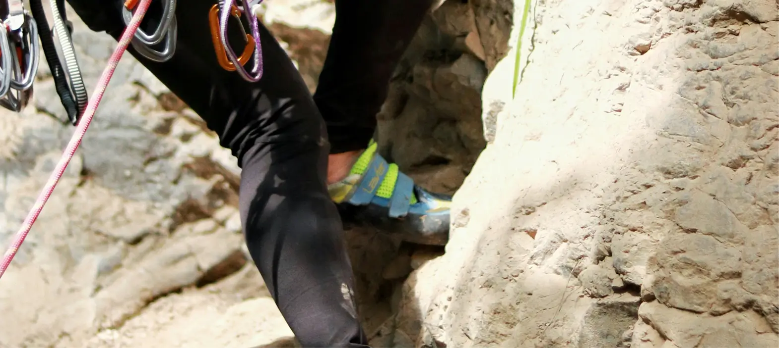 Close-up of a trad climber's shoe on rock